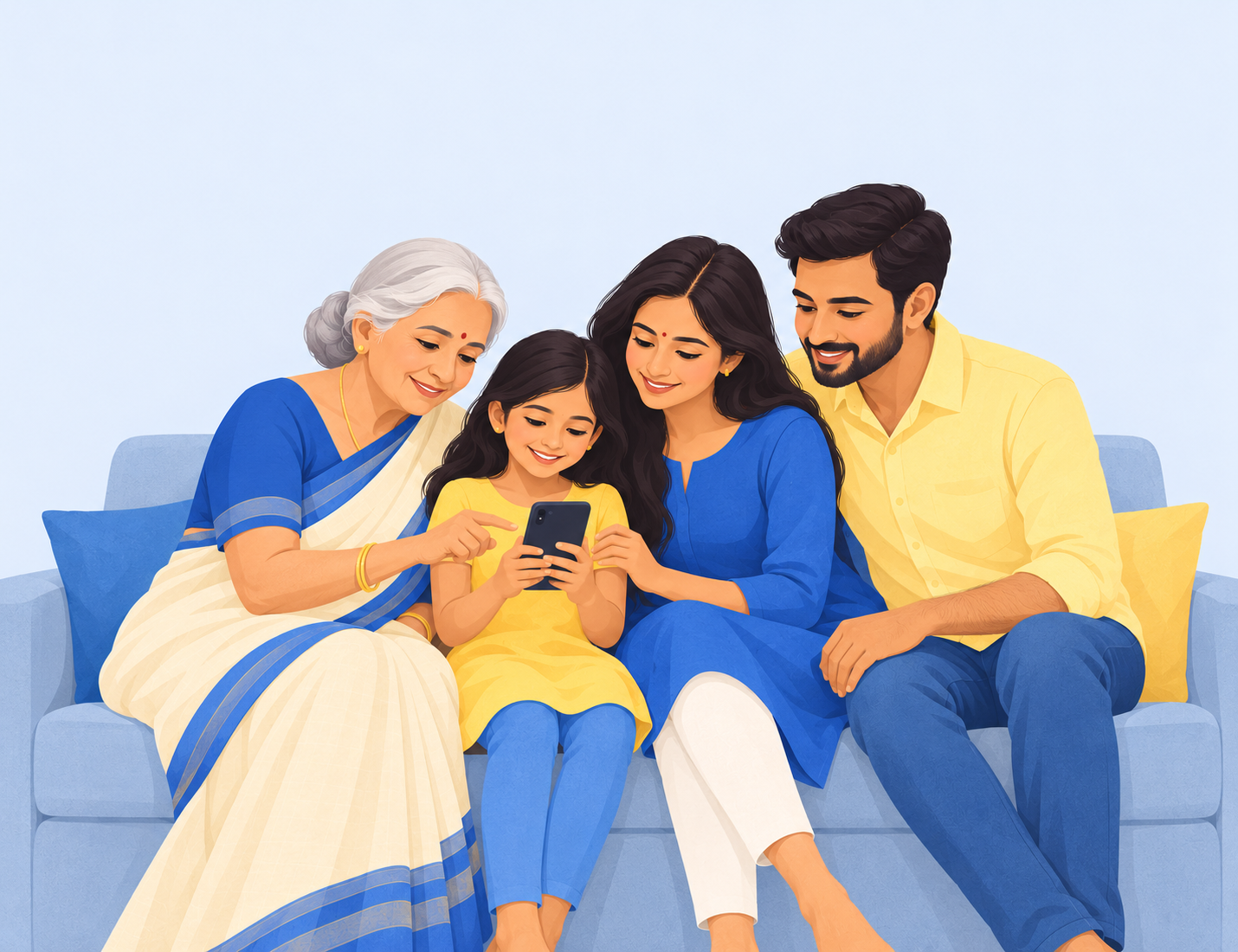 An Indian grandmother, parents and child looking at a phone together