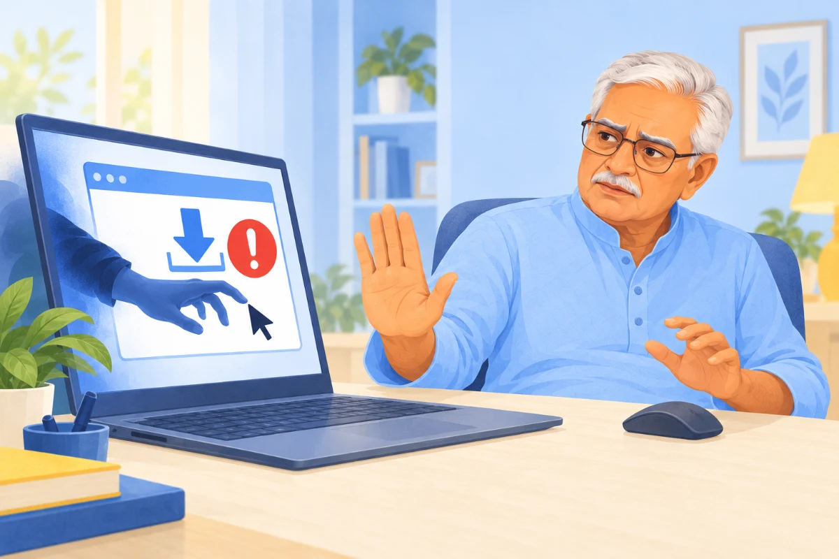 Illustration of an older man pausing a suspicious remote-access download on his laptop