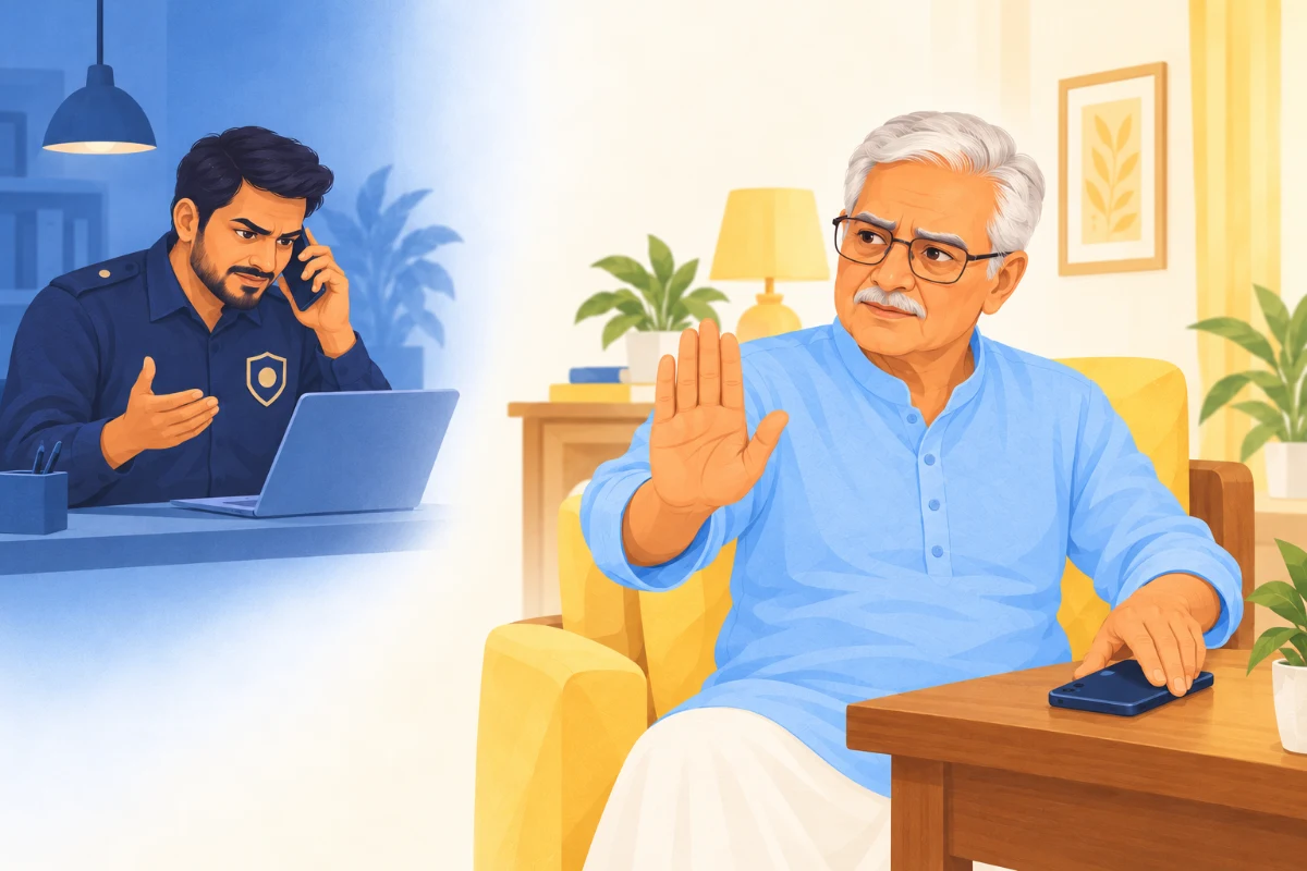 Illustration of a fake officer calling an older man who stops the suspicious call