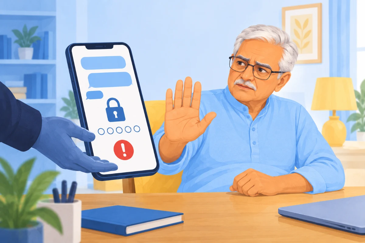 Illustration of an older man spotting a suspicious passcode request on his phone